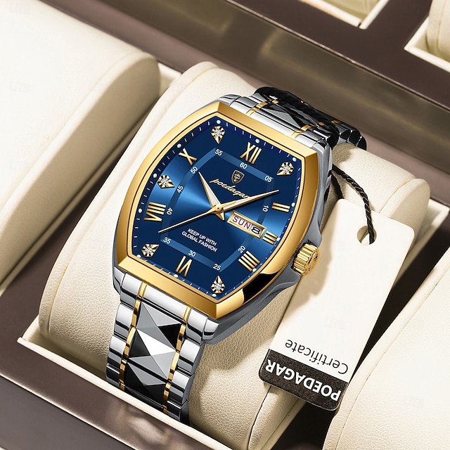  Montre de luxe pour homme, lumineuse, étanche, avec date et semaine, en acier inoxydable, à la mode, originale, à quartz