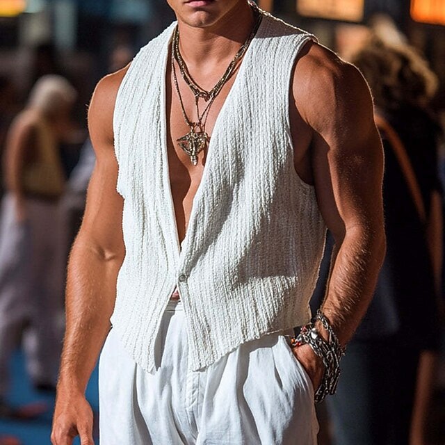 Men's Vest Top Undershirt Sleeveless Shirt Sleeveless Deep V Spring & Summer Solid / Plain Color Fashion Designer Vacation Street Going out White Top Tee for Men4