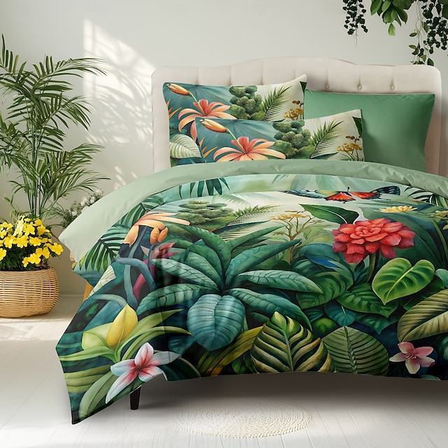  Cobertor de Edredom de Plantas Tropicais 100% Algodão Conjunto de Cama Tamanho Casal Cobertura de Colchão Macia Confortável e Leve com 2 Fronhas para Todas as Estações