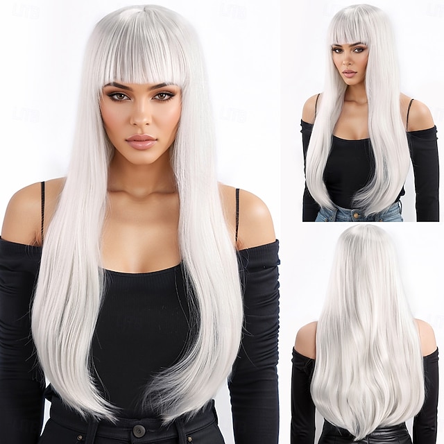  Perruque Synthétique Droit crépu Lisse naturel Coupe dégradée Avec frange Fabriqué à la Machine Perruque 24 pouces A1 Cheveux synthétiques Femmes Classique Confortable Dégradé de couleur Blanc