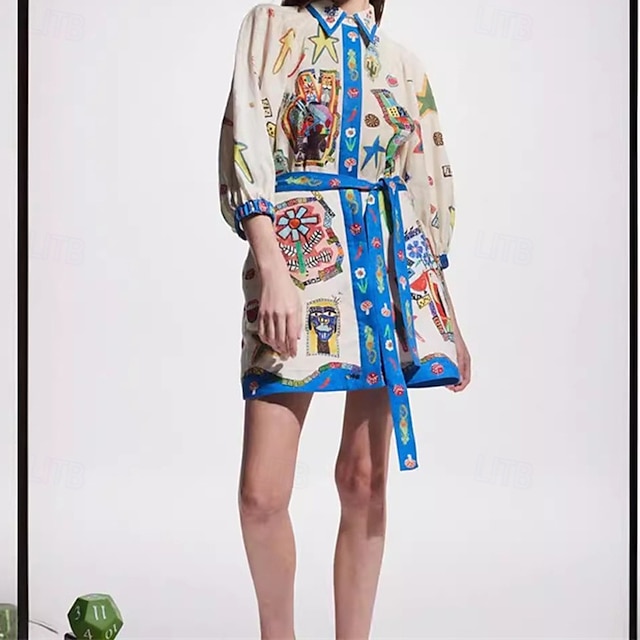  Per donna Mini Abito Abiti in cotone e lino Vestito Casual Moda All'aperto Feste Ferie Vestibilità regolare Graffiti Manica 3/4 Colletto a Camicia Blu Estate