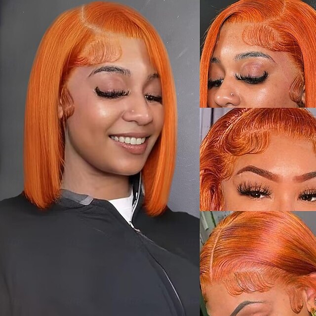  parrucca bobo corta in pizzo frontale color zenzero, arancione, 13*4, capelli lisci in pizzo, densità 150%