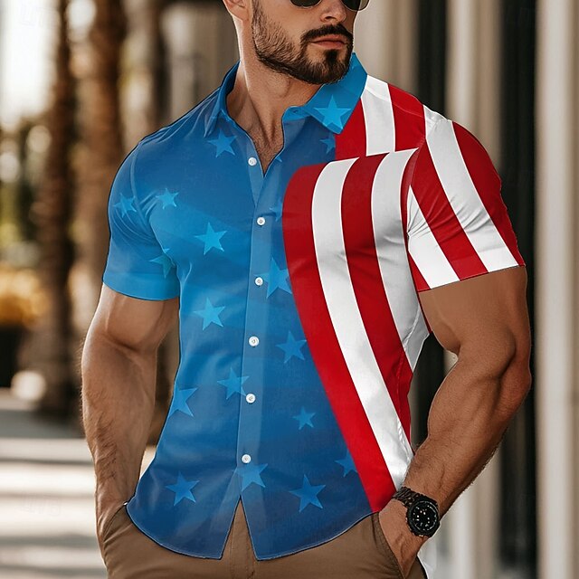 Independence Day Men's American US Flag Patriotic Fourth of July Shirt Summer Shirt Button Up Shirt Short Sleeve Fashion Casual Outdoor Holiday Summer Spring Turndown 3D Print Collared Shirts Blue4