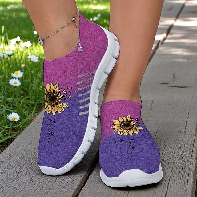  Sneakers slip-on da donna in maglia grigia con stampa di girasoli – scarpe casual leggere da passeggio per viaggi, uso quotidiano e gite primaverili