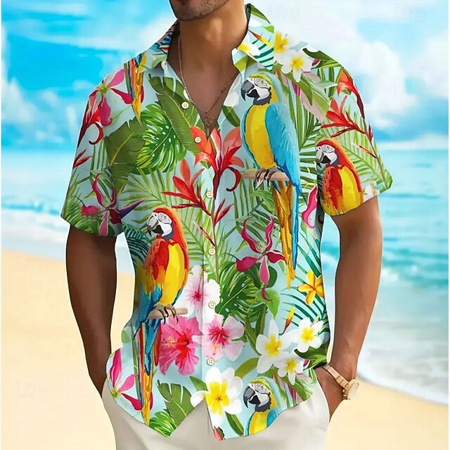 Men's Plants Tropical Flowers Parrot Shirt Summer Hawaiian Shirt Button Up Shirt Short Sleeve Hawaiian Resort Vacation Holiday Beach Wear Summer Spring Turndown 3D Print Collared Shirts Blue4