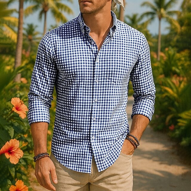 Men's Shirt Summer Shirt Casual Shirt Beach Shirt Button Up Shirt Red Blue Green Long Sleeve Plaid Lapel Vacation Hawaiian Clothing Apparel 100% Cotton Fashion Casual Comfortable4