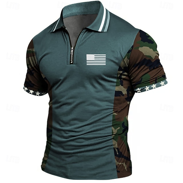  Giorno dell'Indipendenza Americana Per uomo Bandiera Americana Polo con zip Manica Corta Magliette polo Camicie con Colletto Casual Athleisure Abbigliamento quotidiano Stampa 3D Estate Blu Verde