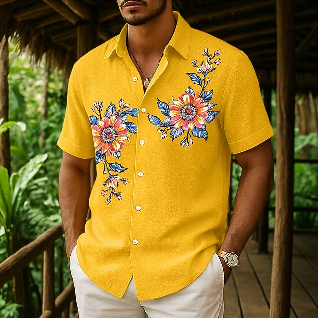  Per uomo Camicia Camicia di lino Camicia Estiva Camicia da Spiaggia Camicia con Bottoni Floreale Casuale Ferie Giallo Rosa Blu marino Verde Manica Corta Collo ripiegato Estate Abbigliamento Tasca