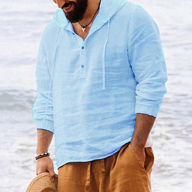  Homens Camisa Social Camisa de linho Camisa Popover camisa de verão Roupa de Praia Camisa com capuz Côr Sólida Férias Rua Preto Branco Azul Marinha Azul Céu Manga Longa Com Capuz Verão Primavera Roupa