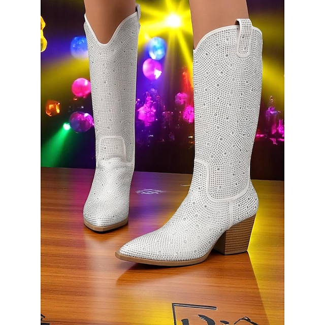  Botas de cowboy femininas com strass - botas pretas de festa estilo western até o joelho com bico fino e salto grosso para festivais de música e eventos noturnos