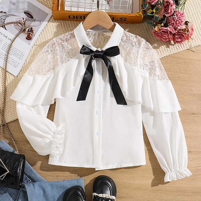  Kids Girls' Blouse Solid Color School Long Sleeve Ruffle Daily 7-13 Years Summer White