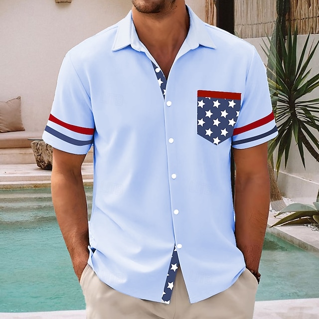  Självständighetsdagen Herr Amerikanska amerikanska flaggan Patriotisk Fjärde juli Skjorta Sommarskjorta Knapp upp skjorta Kortärmad Mode Casual Helgdag Sommar Vår Nedvikt 3D-utskrift krage skjortor