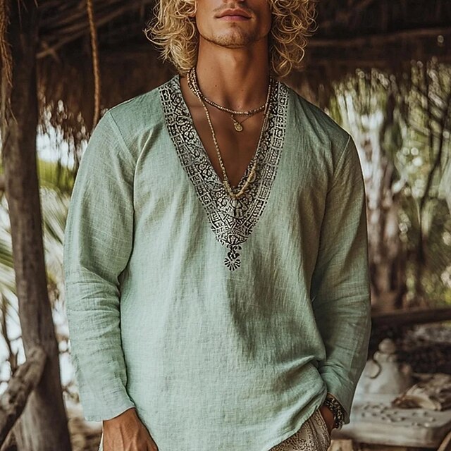 Men's Shirt Linen Shirt Popover Shirt Summer Shirt Beach Wear Retro Shirts Ethnic Vacation Street Green Long Sleeve V Neck Summer Spring Clothing Apparel4