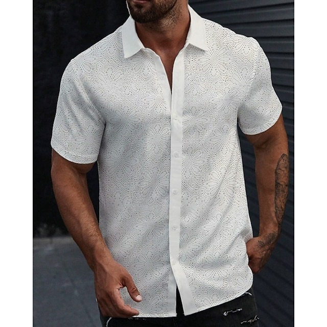  Herren Hemd Sommerhemd Freizeithemd Strandhemd Knopfhemd Weiß Kurzarm Einfach Revers Urlaub Hawaiianisch Ausgehöhlt Bekleidung Polyester Mode Lässig Bequem