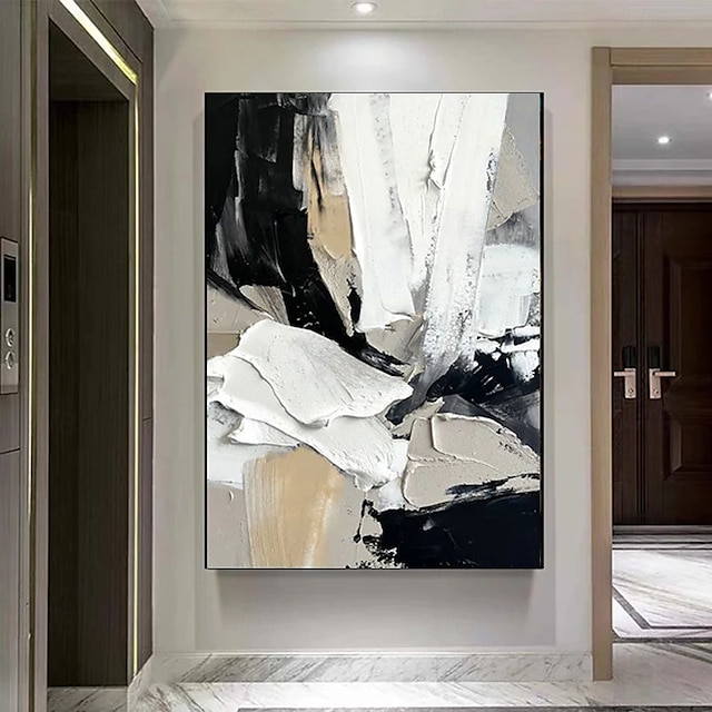  手作りの抽象的な3D黒と白の油絵、手描きの抽象的な油絵、壁のモダンなファッション抽象的な黒と白のキャンバスの絵画、家の装飾の装飾キャンバスの絵画