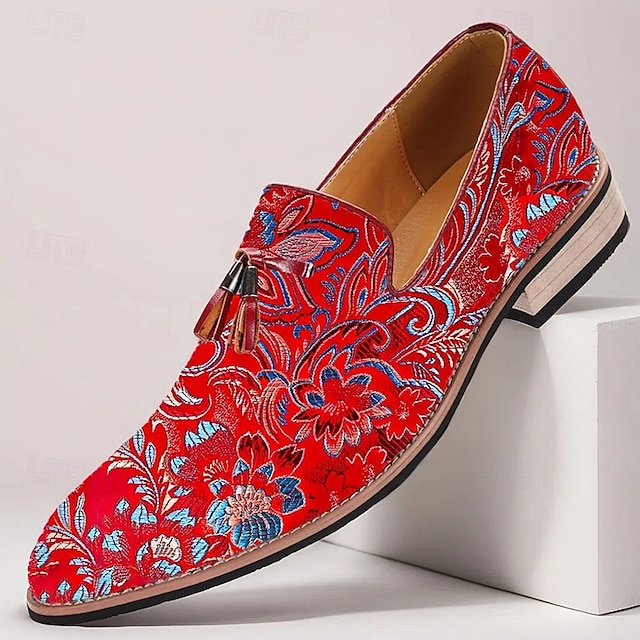  Herr Tofflor och Slip-Ons Tofstofflor Promenad PU Läder Jacquard Tyg Andningsfunktion Bekväm Halksäker Loafers Mörkröd Sommar Vår Höst