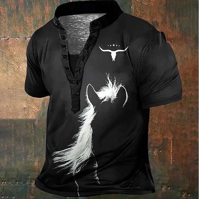 Men's animal print T Shirt Henley Shirt Tee Short Sleeve Designer Basic Classic Outdoor Casual Daily Summer All Seasons Black Henley Henley T-Shirt3