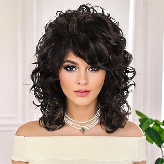  Peruca de cabelo sintético comprimento dos ombros dos anos 1970 para mulheres, peruca marrom misturada e ondulada com franja, peruca de substituição de cabelo castanho chocolate grosso e saltitante,