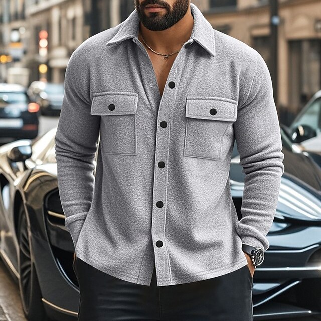  Men's Shirt Jacket Transition Jacket Daily Lightweight Pocket Summer Spring Plain Casual Lapel Light Grey Army Green Jacket