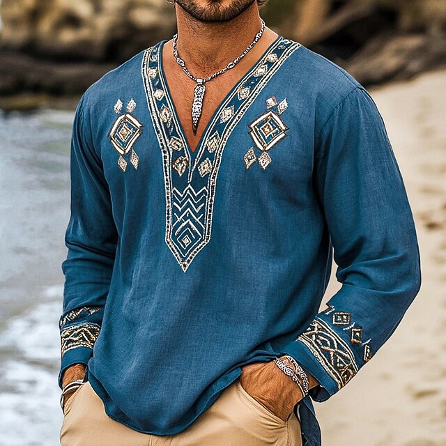 Men's Shirt Linen Shirt Viking Style Summer Shirt Beach Wear Pirate Shirt Solid Color Vacation Street Blue Long Sleeve Shirt Collar Summer Spring Clothing Apparel Drawstring4