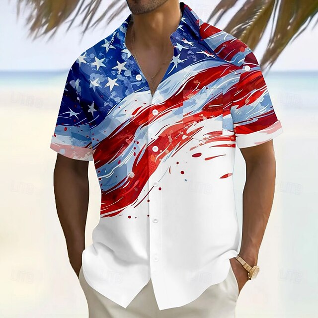 Independence Day Men's American US Flag Patriotic Shirt Summer Shirt Button Up Shirt Short Sleeve Fashion Casual Holiday Summer Turndown 3D Print Front One Pocket Linen Like Shirt White4
