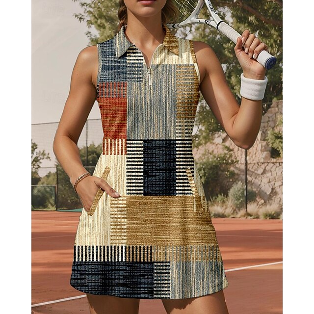 Women's Plaid / Check Tennis Dress Sports Dress Sleeveless Print Breathable Tennis Golf Badminton Polo Collar Zip Collar Dress Khaki Tennis Clothing4