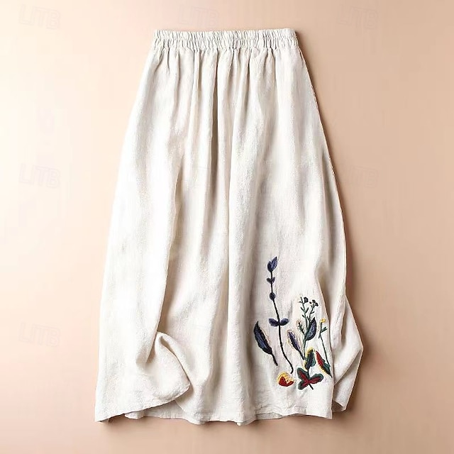  Femmes Jupe Évasé Basique Occasionnel Maxi Taille Basse Jupes Fleuri Broderie Micro-Élastique Vacances Rue Noir Amande Violet Vert Été Coton