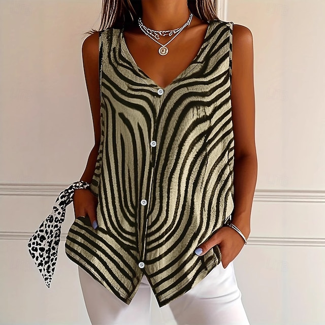  Dame Camisole Tank Top Grafisk Stripet Elegant Fritid Ermeløs V-hals Vanlige topper Daglig Ferie Knapper Trykt mønster Gul Rosa Blå Grå Sommer Vår