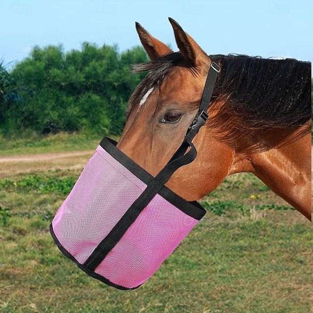  Saco de alimentação para cavalos, sacos de feno para grãos, alimentador de malha resistente para cavalos com alça ajustável, almofada de pescoço confortável, almofada nasal e focinheira inferior à