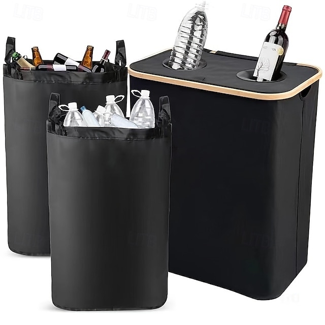  lixeira de reciclagem com furo duplo em tecido oxford, cesto de roupa com estrutura de bambu de 140 l com tampa e 2 sacos internos de poliéster, recipiente de lixo e reciclagem dobrável para ambientes