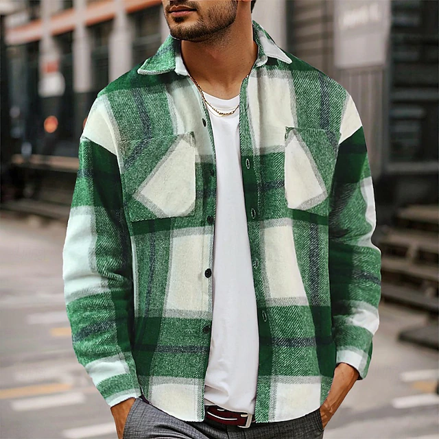 Men's Shirt Flannel Shirt Overshirt Lattice Outdoor Street Red Blue Green Khaki Long Sleeve Turndown Spring & Fall Clothing Apparel 8