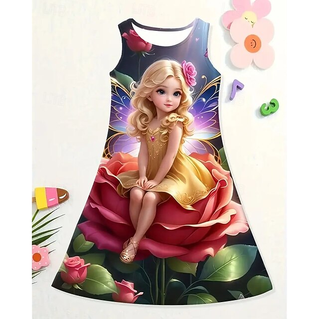 Girls' 3D Floral Elf Dress Sleeveless Summer Spring Vacation Daily Holiday Princess Beautiful Sweet Kids 4-12 Years Casual Dress A Line Dress Knee-length Regular Fit4