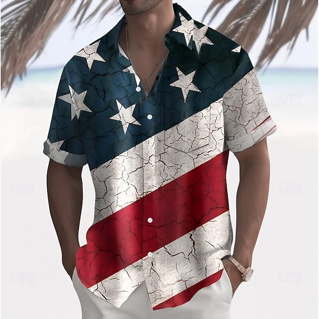  Itsenäisyyspäivä Miesten Yhdysvaltain Yhdysvaltain lippu Patriotismi Neljäs heinäkuuta Paita Kesä paita Button Up paita Lyhythihainen Muoti rento Pyhäpäivä Kesä Kevät Sänkyjen avaus 3D-tulostus