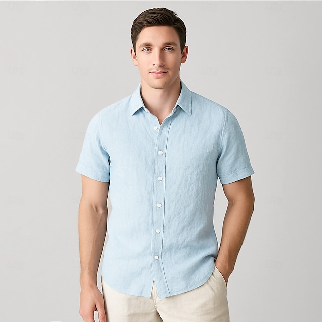  Men's 100% Linen Shirt Light Blue Light Yellow White Light Green Navy Blue Light Grey Short Sleeve Solid Color Shirt Collar School Formal Buttons Clothing Apparel Elegant Vacation Vintage Tropical