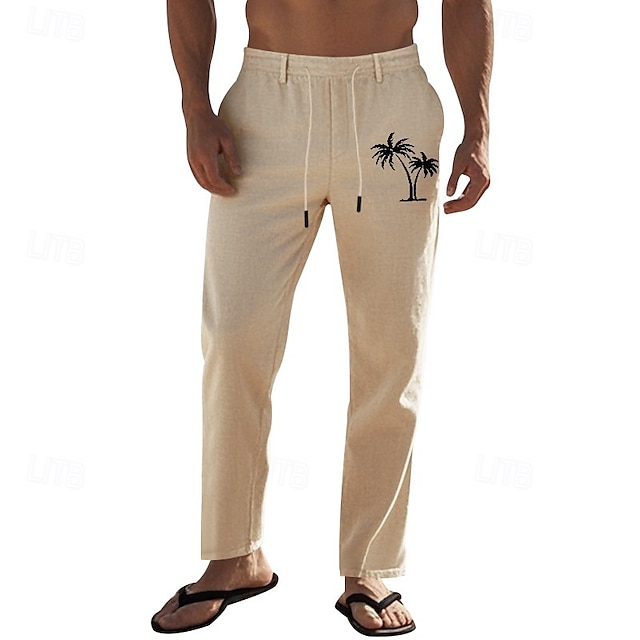  Férfi Vászon nadrág Nadrág Nyári nadrág Strand nadrág Zseb Zsinór Rugalmas derék Kókuszfa Mokaszinok Légáteresztő Vakáció Napi Szabadság Hawaii Boho Fekete Fehér