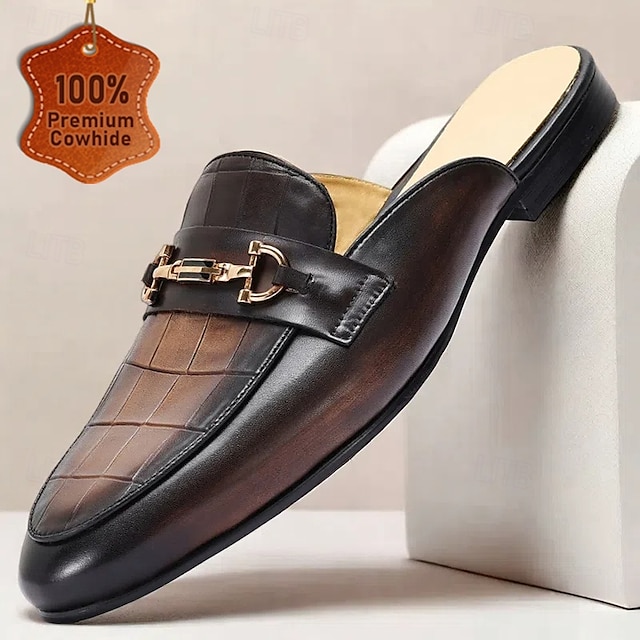  Men's Brown Leather Mule Shoes with Crocodile Pattern and Gold Buckle - Luxury, Stylish, Suitable for Business, Formal Occasions and Evening Wear