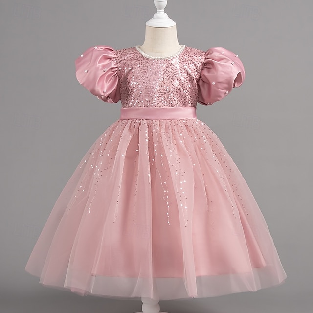  Kleinkind Mädchen Partykleid Pailletten Kurzarm Hochzeit Party Netz Reißverschluss Knotenbinde Niedlich Prinzessin Polyester Knielang Paillettenkleid Partykleid Sommer Frühling Herbst 4-7 Jahre Wei
