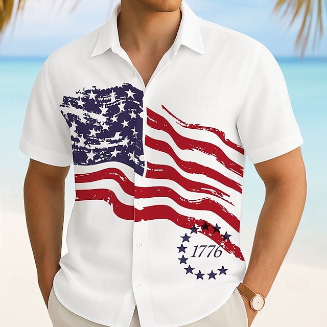  Itsenäisyyspäivä Miesten Yhdysvaltain Yhdysvaltain lippu Patriotismi Neljäs heinäkuuta Paita Kesä paita Button Up paita Lyhythihainen Muoti rento ulko- Pyhäpäivä Kesä Kevät Sänkyjen avaus 3D-tulostus