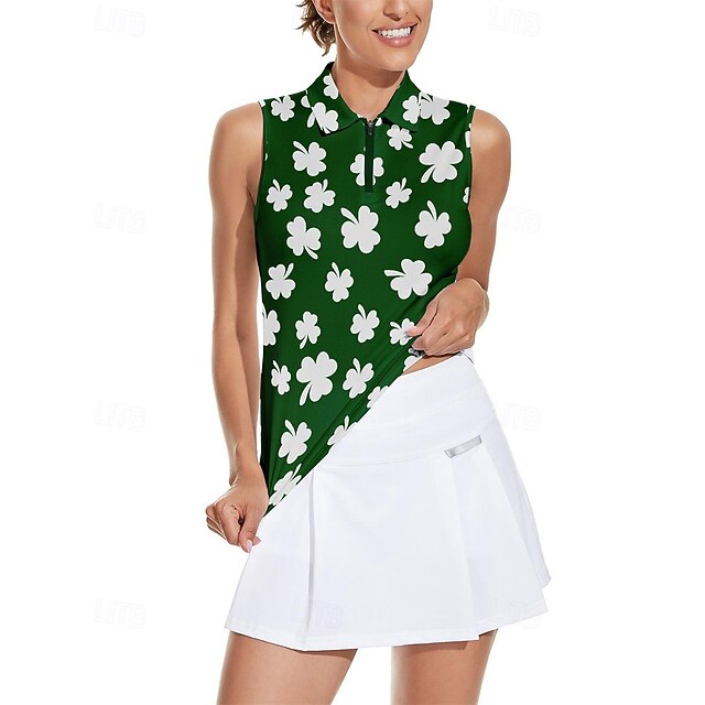 Women's Clover Tennis Shirt Sleeveless Print UPF50+ Quick Dry Tennis Golf Badminton Zip Collar Tee Tshirt Top Dark Green Tennis Clothing4