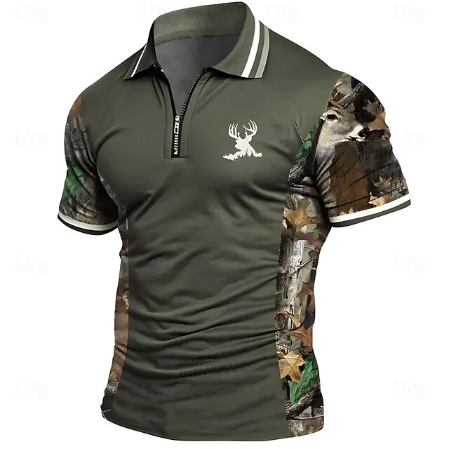 Men's Graphic Elk Zip Polo Short Sleeve Turndown Casual Daily Outdoor Athleisure Casual Daily Zipper Summer Army Green4