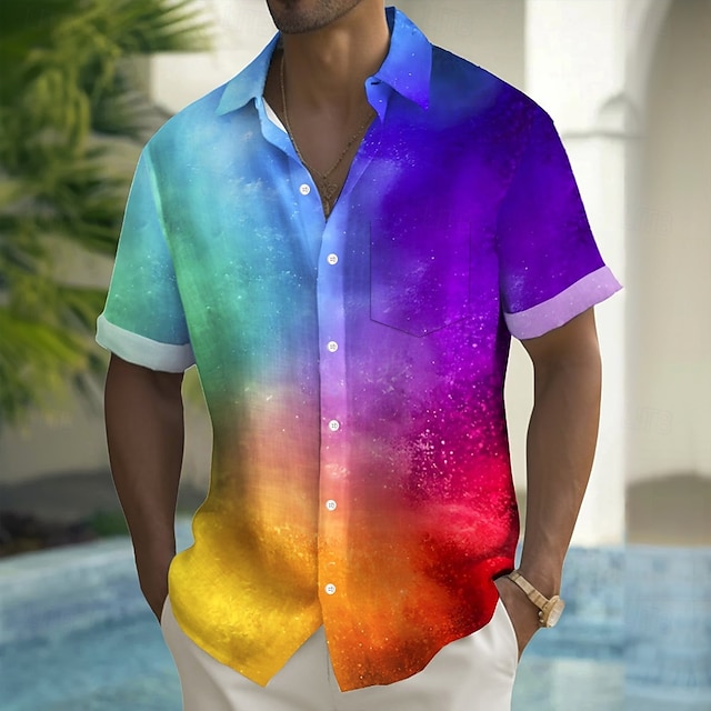 Men's Rainbow LGBT Pride Shirt Summer Shirt Button Up Shirt Short Sleeve Fashion Casual Holiday Streetwear Summer Spring Turndown 3D Print Collared Shirts Front One Pocket Rainbow