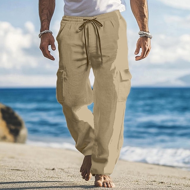  Homens Calças Cargo Calças de linho Calças Calça verão Calças largas Com Cordão Cintura elástica Bolso multi Tecido Conforto Respirável Comprimento total Ao ar livre Feriado Para Noite Férias Moda
