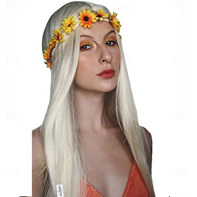  Perruques hippies pour femmes, bandeau à fleurs amovible, perruque blonde longue, costume hippie pour femmes, années 70