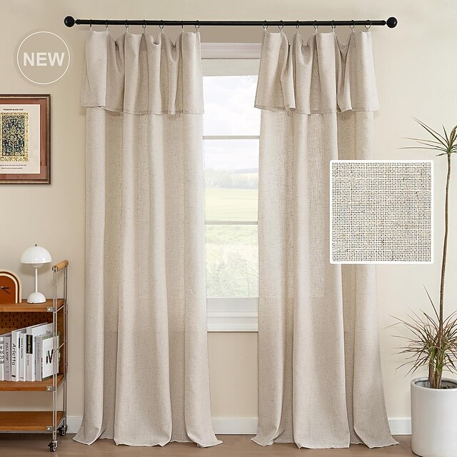 Faux Linen Curtains with Valance Farmhouse Privacy Window Curtain for Living Room Bedroom Ring/Rod Pocket Light Filtering Curtain Drapes 1 Panel 16