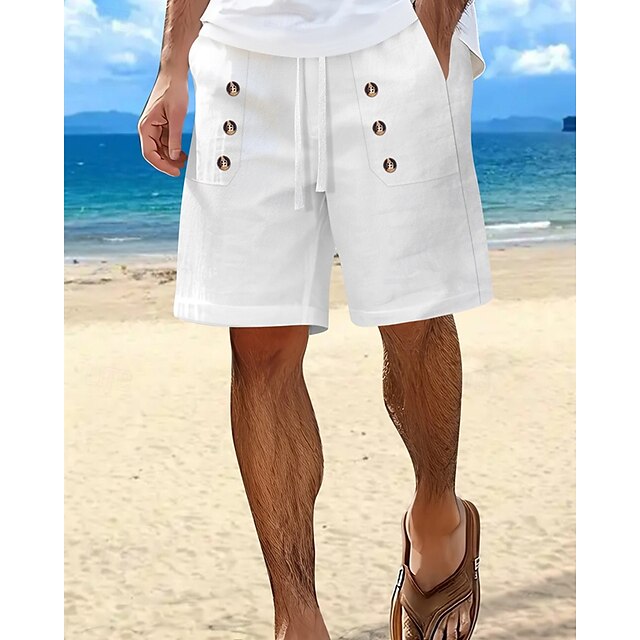  Hombre Pantalón corto Pantalones cortos de lino Pantalones cortos de verano Pantalones cortos de playa Bolsillo Correa Cintura elástica Plano Comodidad Transpirable Corto Vacaciones Festivos Playa