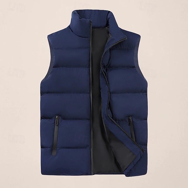Men's Puffer Vest Daily Casual Fall & Winter Zipper Pocket Polyester Comfortable Plain Zipper Stand Collar Regular Fit Black Burgundy Khaki Dark Blue Vest 17