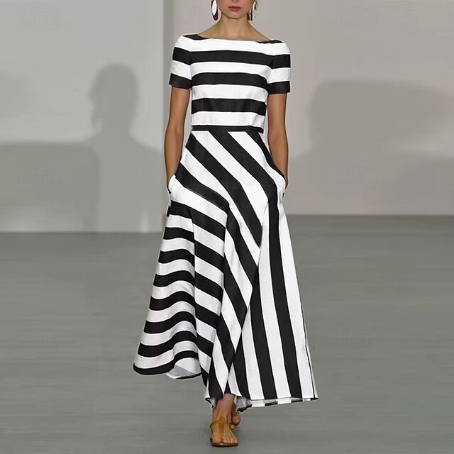 Women's Long Dress Maxi Dress Casual Dress Swing Dress Fashion Outdoor Party Holiday Regular Fit Striped Short Sleeve Off Shoulder Black Red Blue Summer4