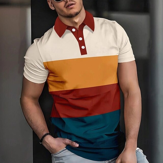 Men's Horizontal Stripes Polo Short Sleeve Polo Shirts Collared Shirts Casual School Outdoor Sports Daily Wear 3D Print Summer Brown4