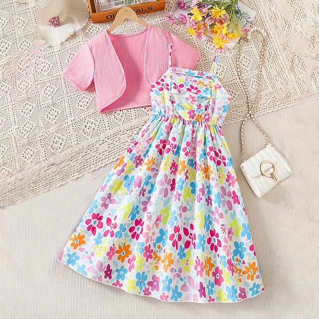  2 Stück Kinder Mädchen Einfarbig Kleid & Strickjacke einstellen Ärmellos Täglich Schule 7-13 Jahre Sommer Rosa