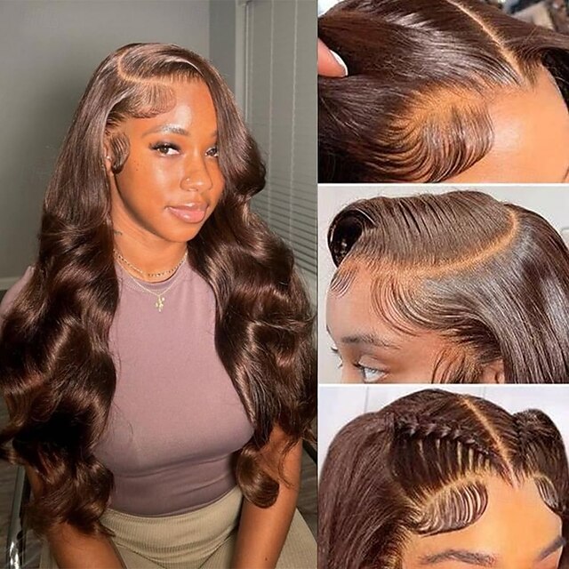  Parrucca in capelli umani castani 4#, parrucca in pizzo 360, parrucca in pizzo con capelli umani ondulati, densità 150%